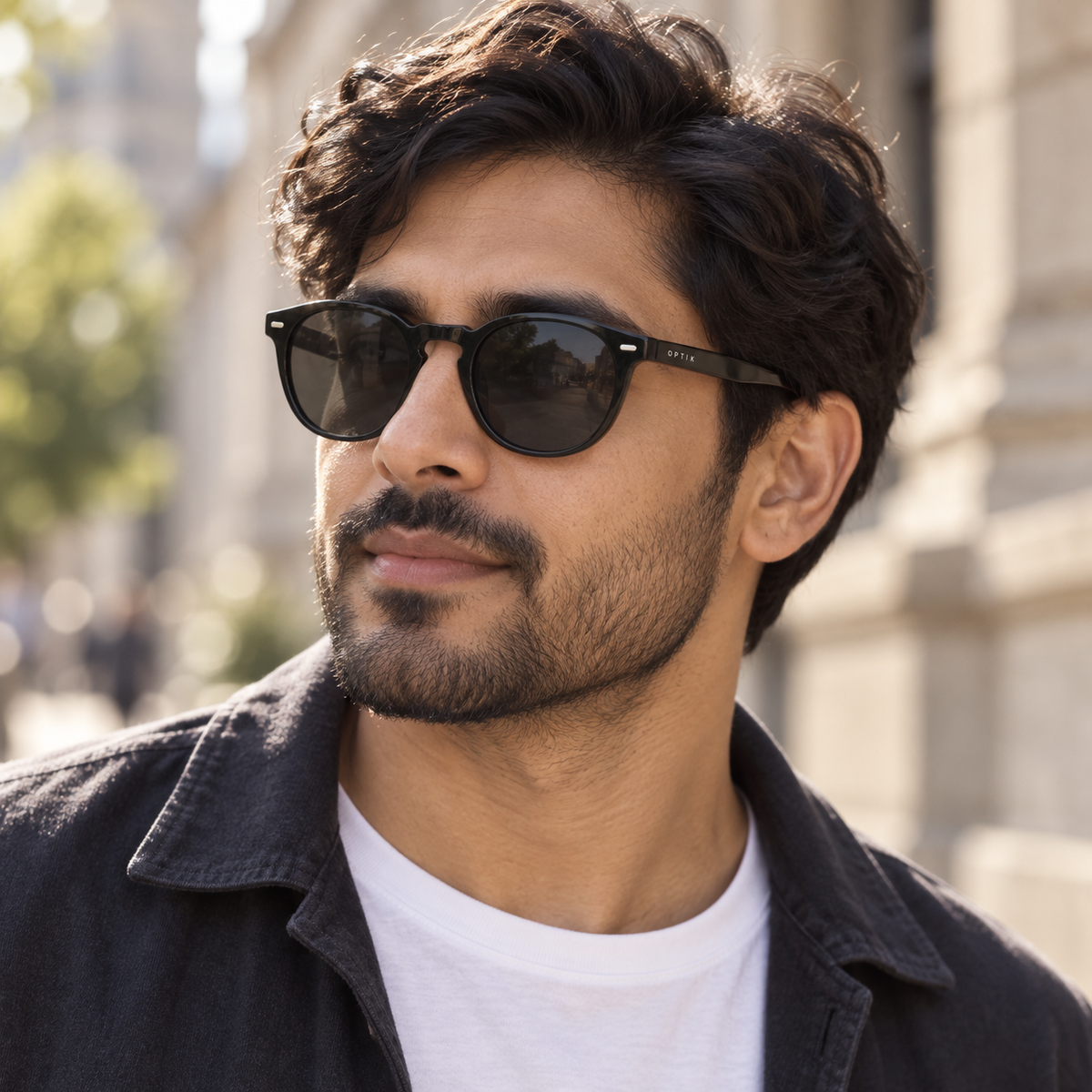 OPTIK Sable — Black frame, Smoke Grey lenses — lifestyle