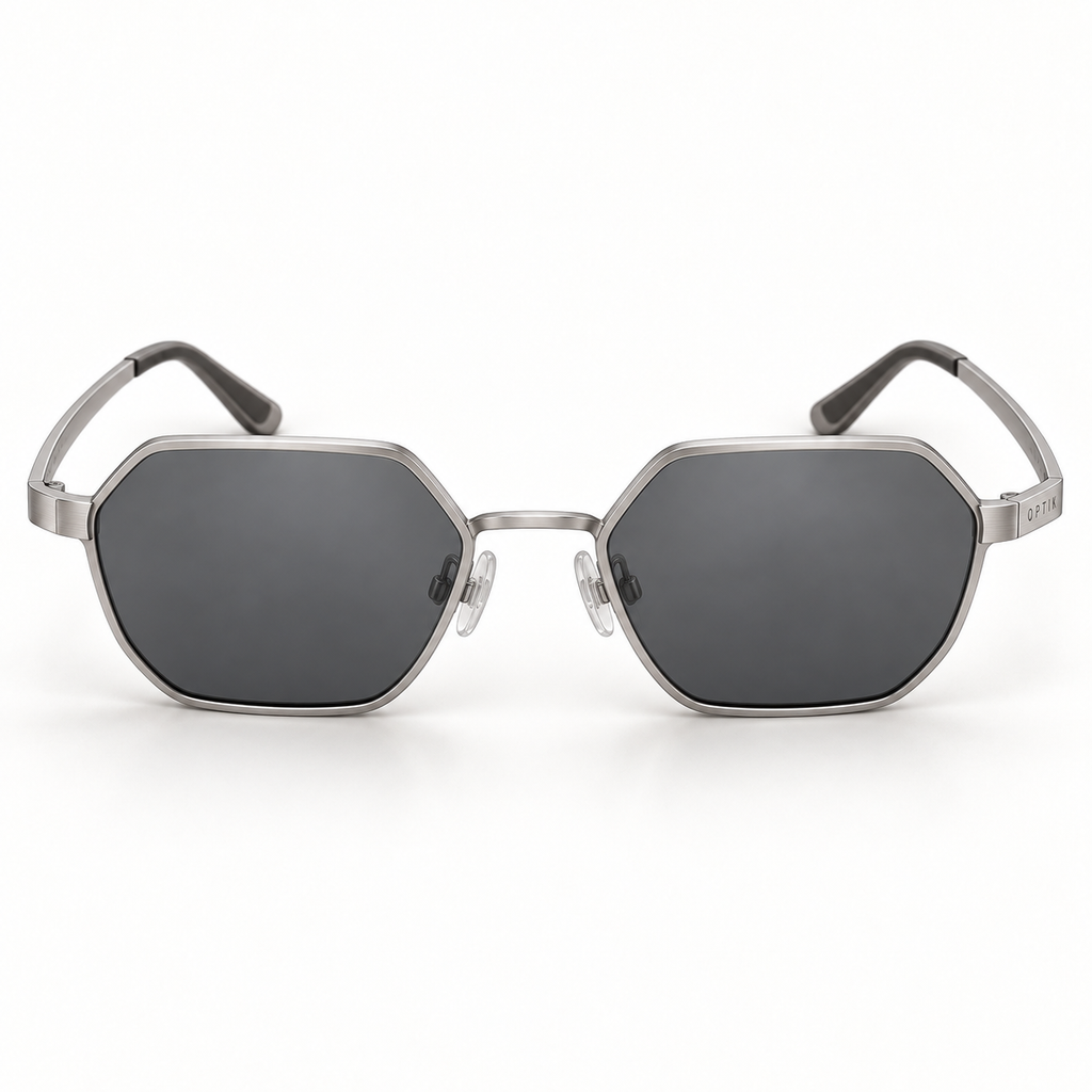 OPTIK Aero — Silver frame, Smoke Grey lenses — detail