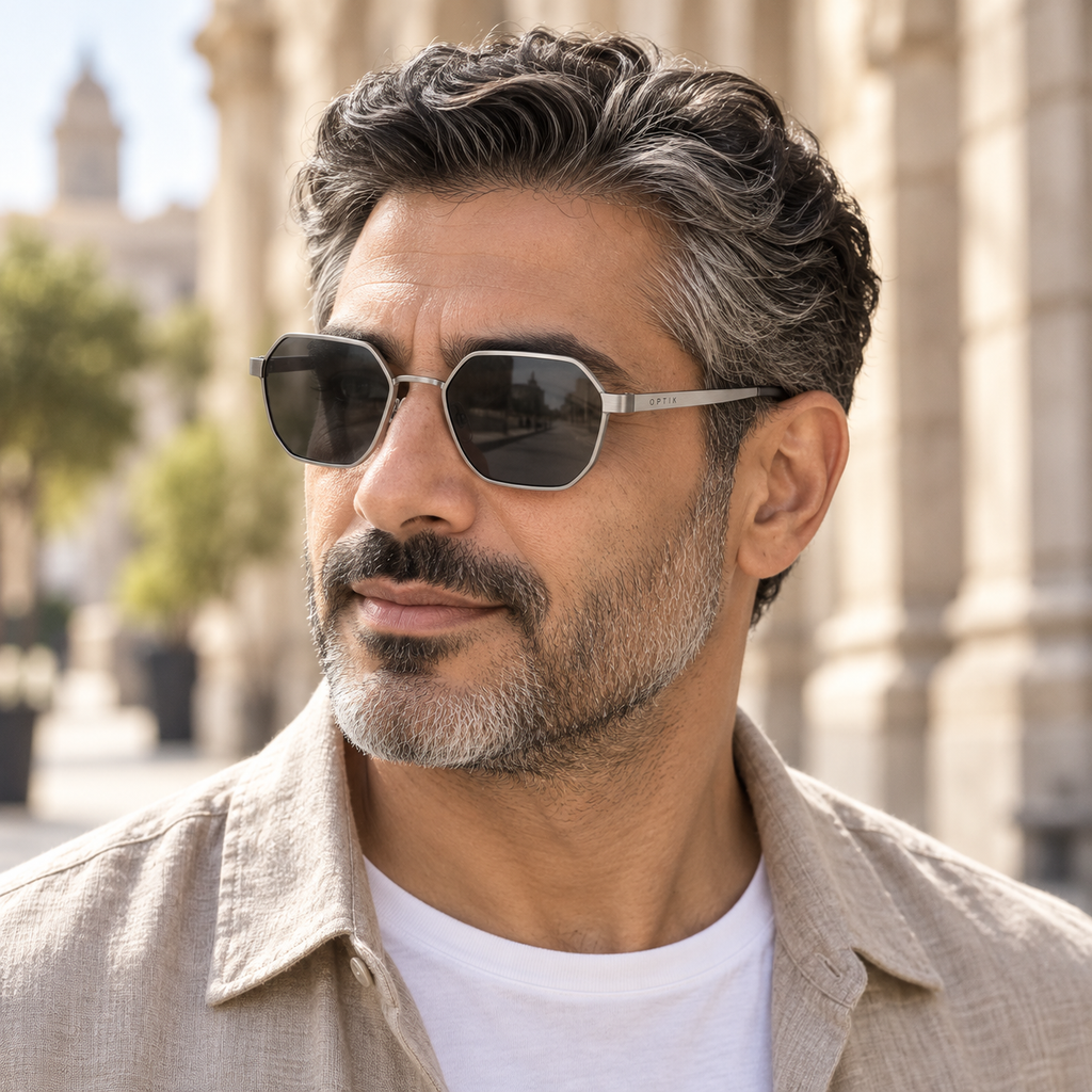 OPTIK Aero — Silver frame, Smoke Grey lenses — lifestyle