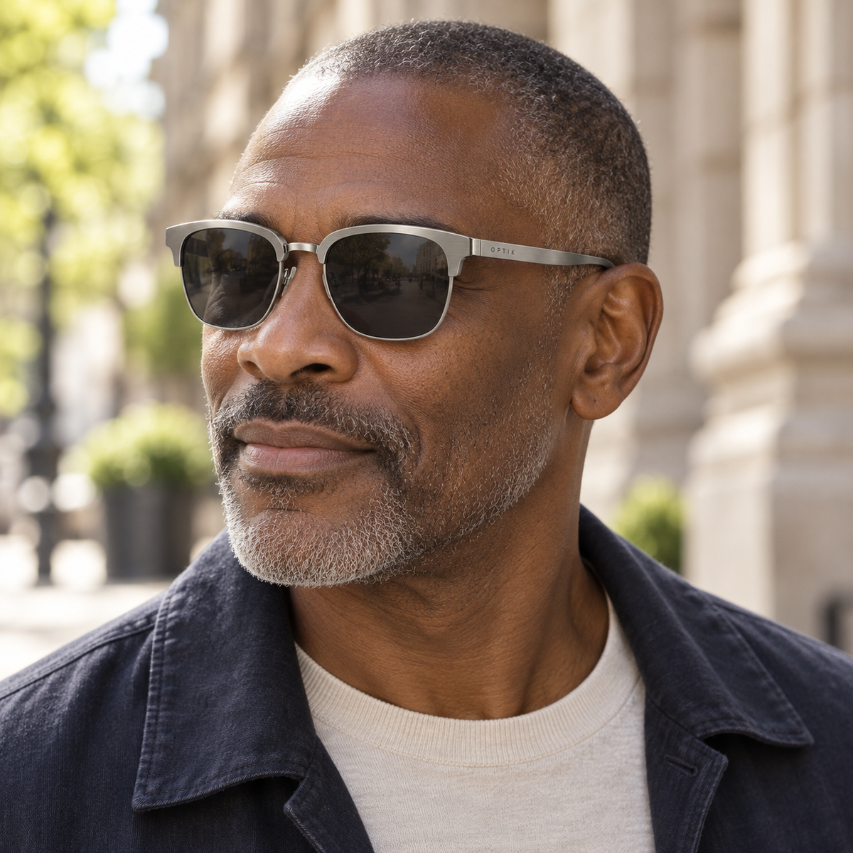 OPTIK Orbit — Silver frame, Smoke Grey lenses — lifestyle