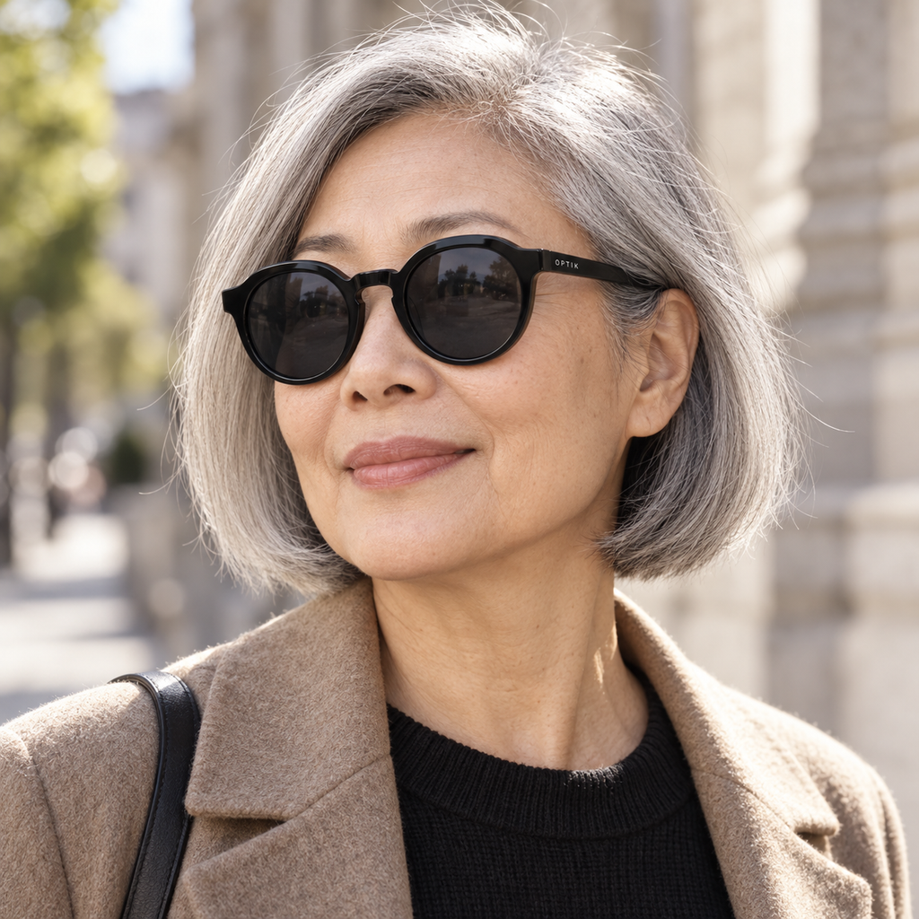 OPTIK Marlow — Black frame, Smoke Grey lenses — lifestyle