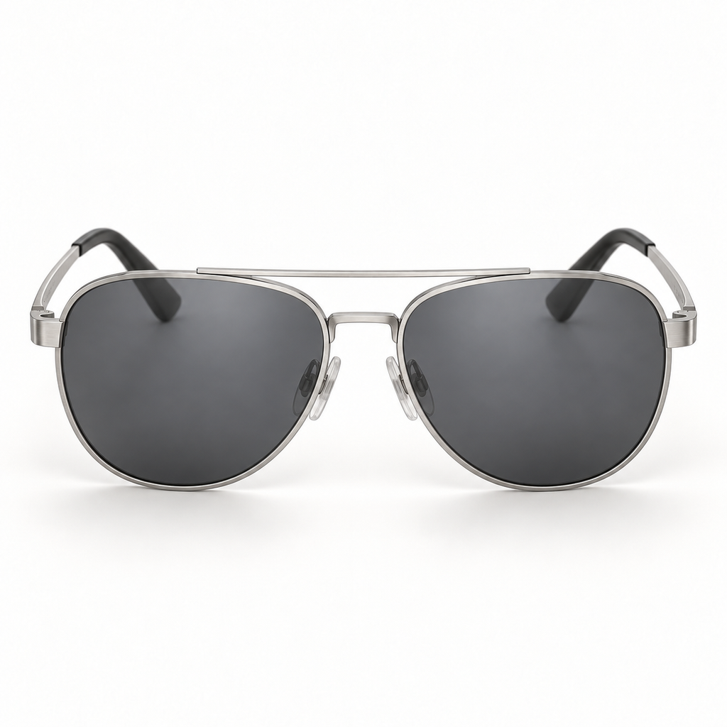OPTIK Haven — Silver frame, Smoke Grey lenses — detail