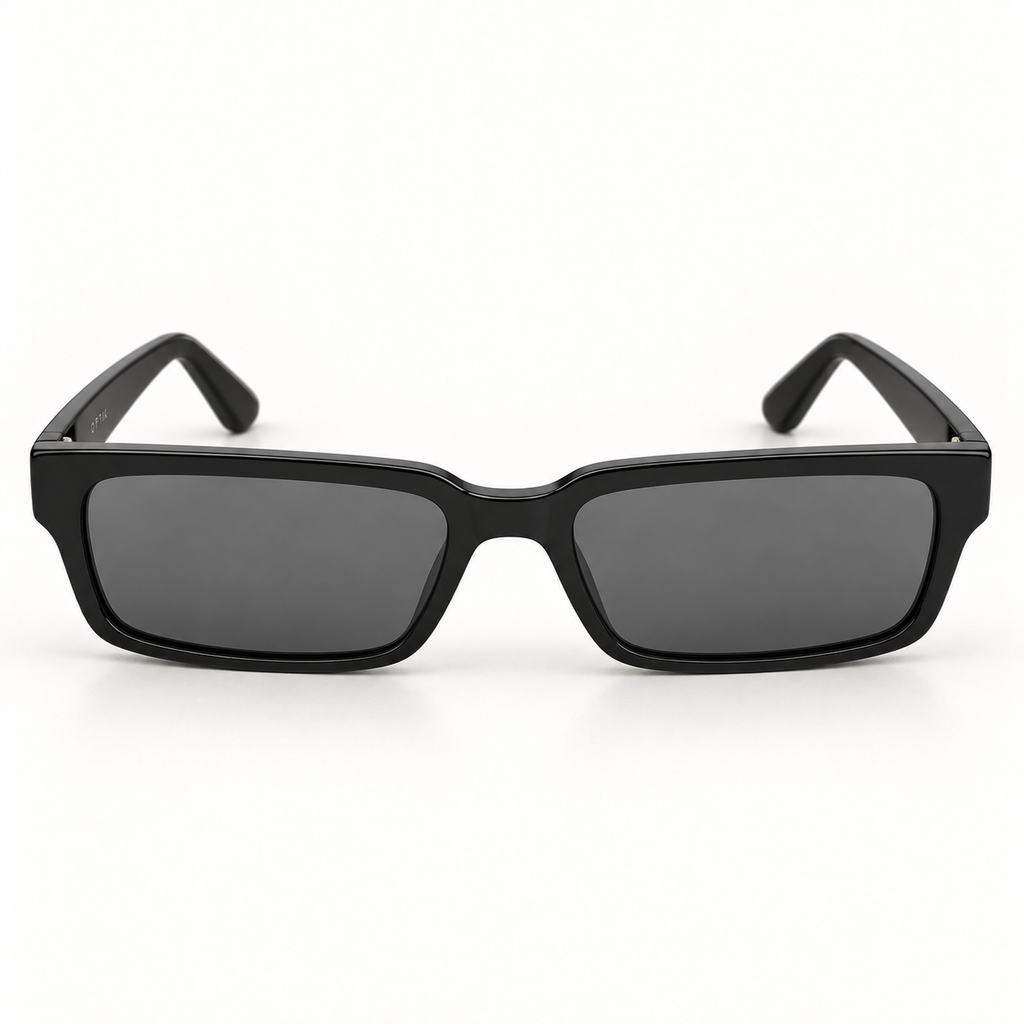 OPTIK Sereno — Black frame, Smoke Grey lenses — detail