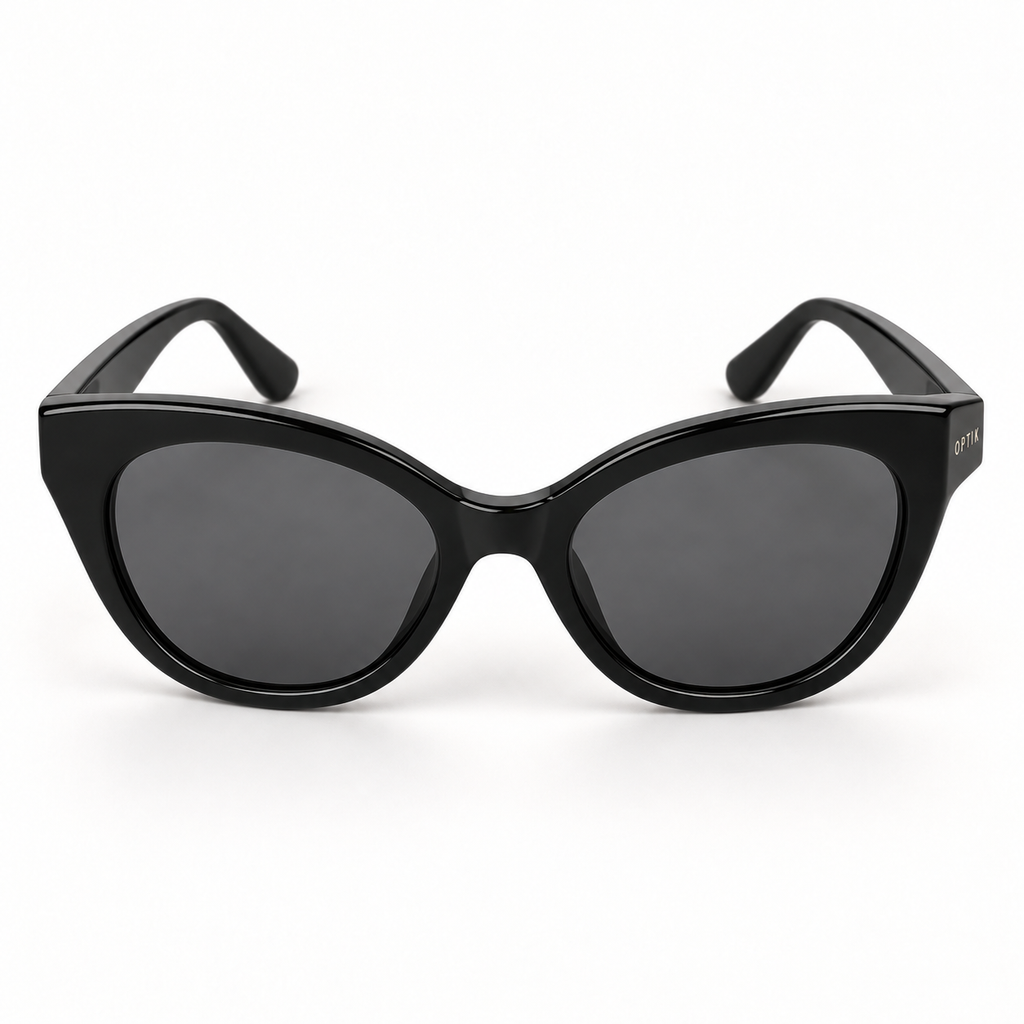 OPTIK Lucent — Black frame, Smoke Grey lenses — detail