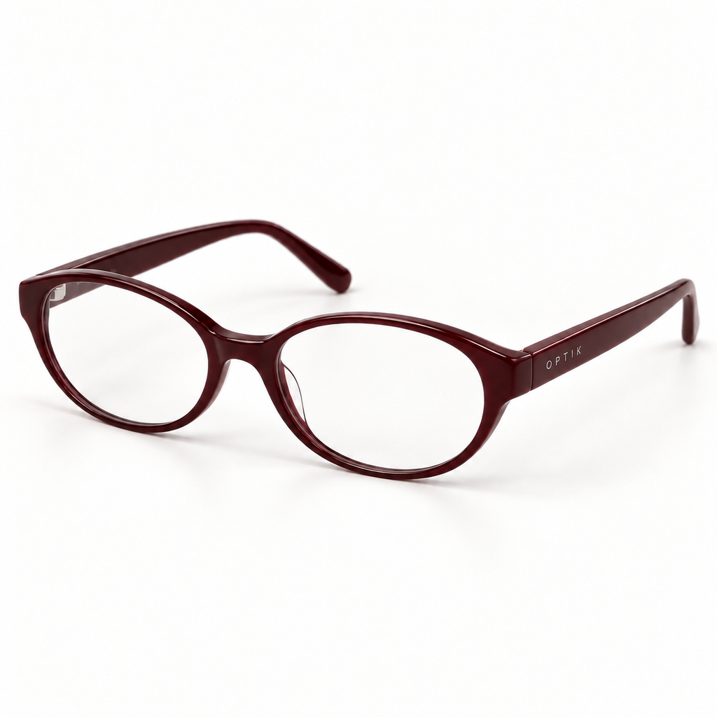 OPTIK Serif — Burgundy frame, Clear lenses — product