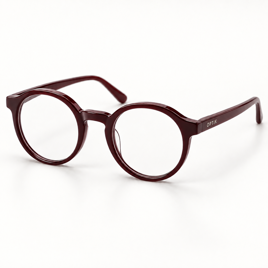 OPTIK Curio — Burgundy frame, Clear lenses — product