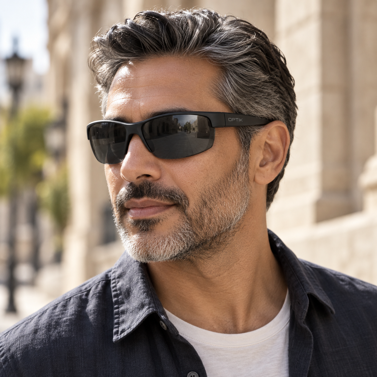 OPTIK Circuit — Black frame, Smoke Grey lenses — lifestyle