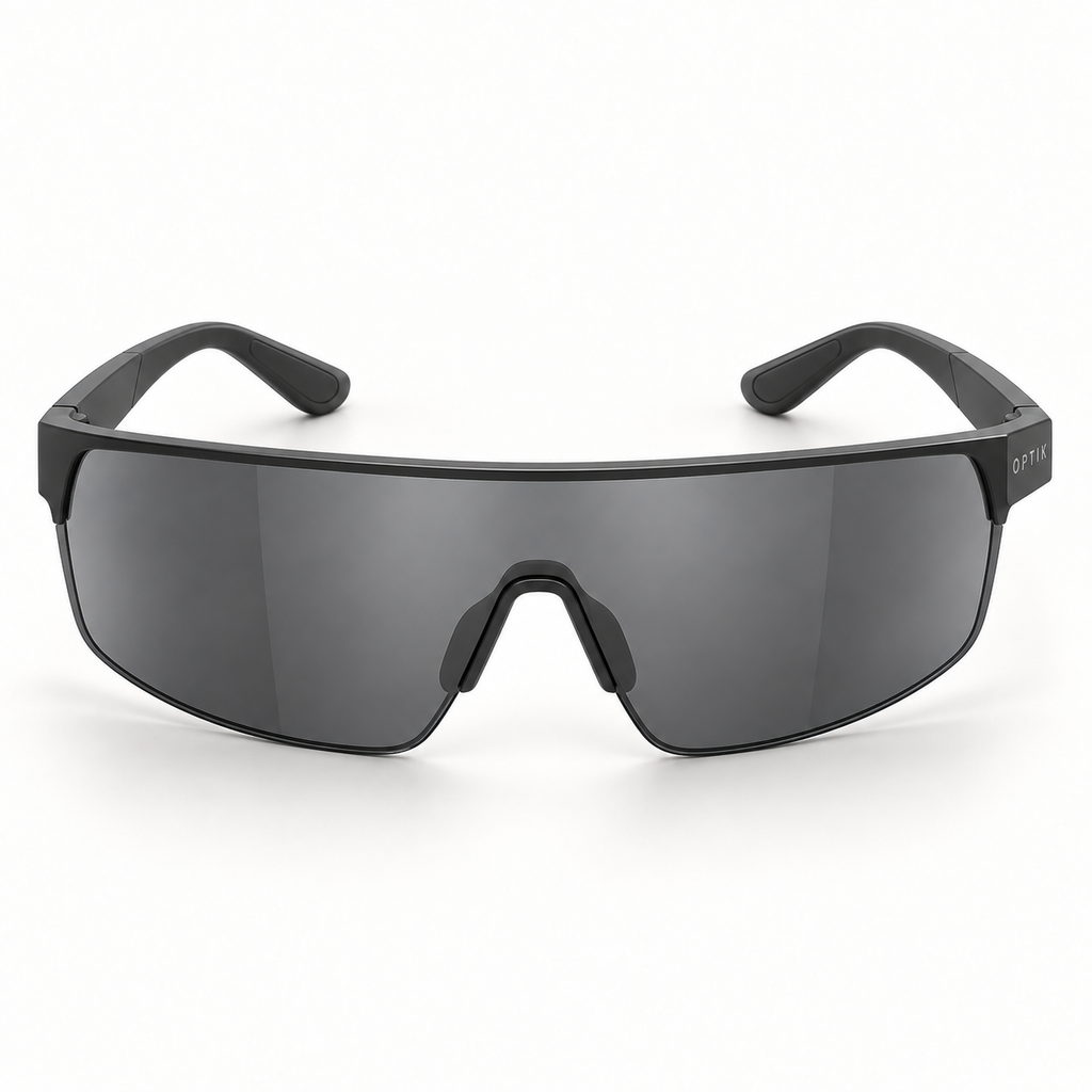 OPTIK Surge — Black frame, Smoke Grey lenses — detail
