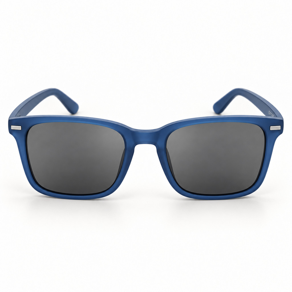 OPTIK Sunny — Blue frame, Smoke Grey lenses — detail