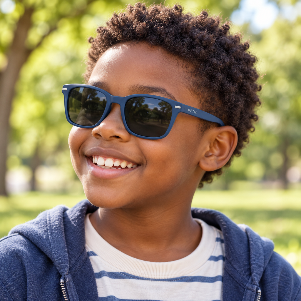 OPTIK Sunny — Blue frame, Smoke Grey lenses — lifestyle