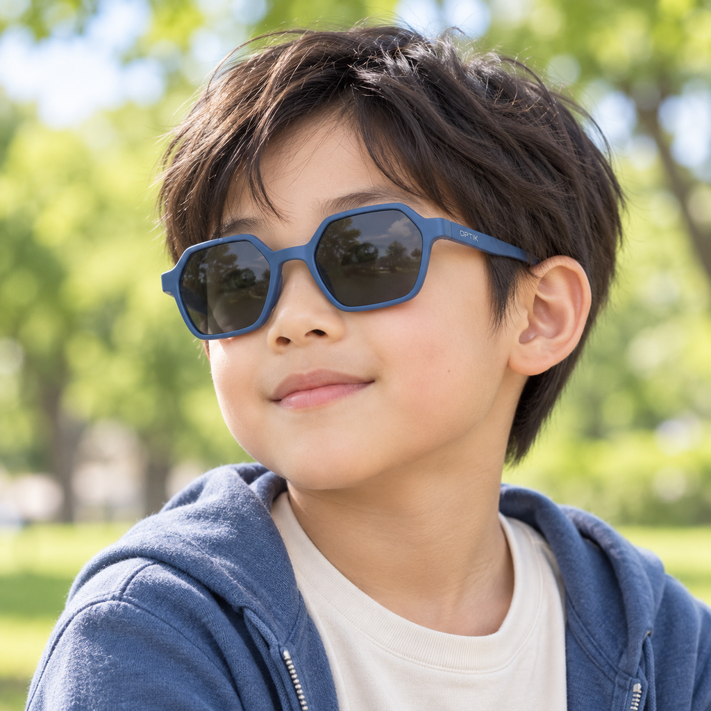 OPTIK Skipper — Blue frame, Smoke Grey lenses — lifestyle